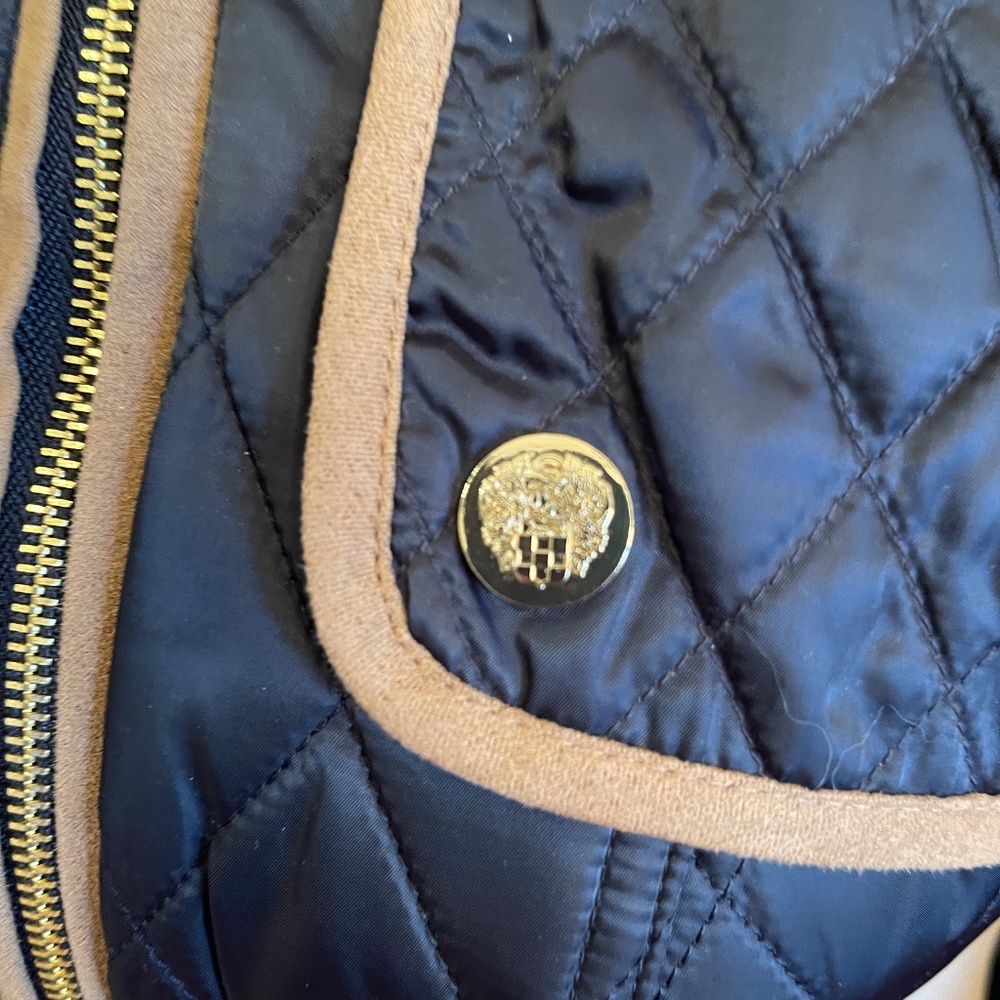 NEW! Vince Camuto Navy Blue and Tan Belted Jacket Size XS - Picture 7 of 15